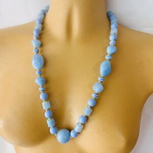 Vintage Lucite Necklace Baby Blue Chunky Beads Gold Beaded ￼￼24“ 4416